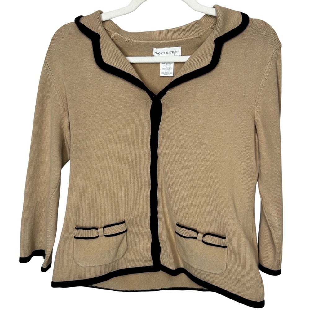 Worthington Beige with Black Trim Button Up Cardigan Pockets Women's‎ Size Small